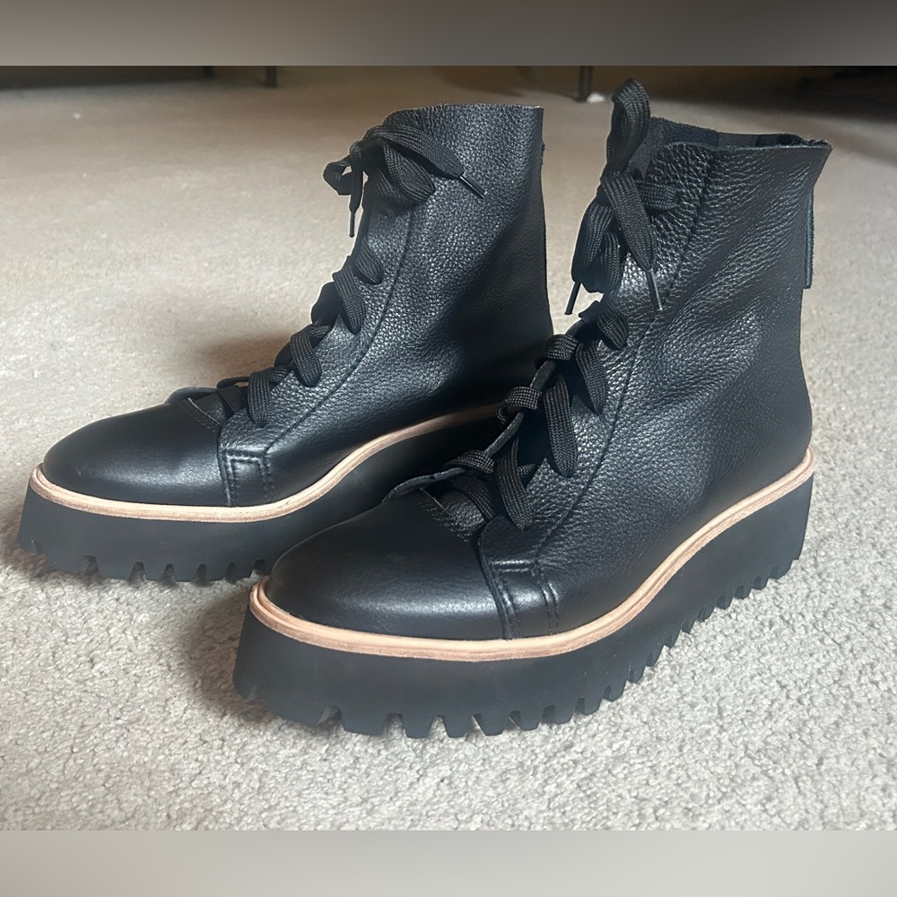 ALL BLACK Brand ANTHROPOLOGIE Sz 40 Leather Camper Moto Boot 2” Platform